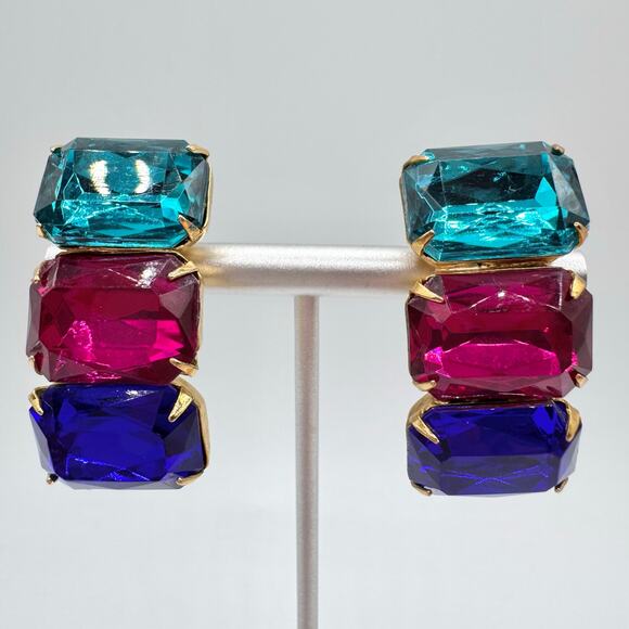Vintage Three Rhinestone Huge Clip On Earrings Teal Fuchsia Blue 80s Mob Wife - Picture 1 of 16
